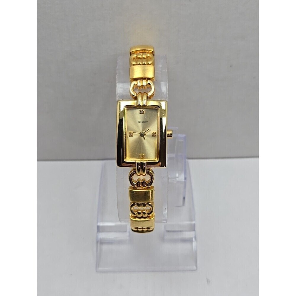 Holsted Gold Tone Tank Bracelet Watch New Battery Ladies Crystal Dress Classic